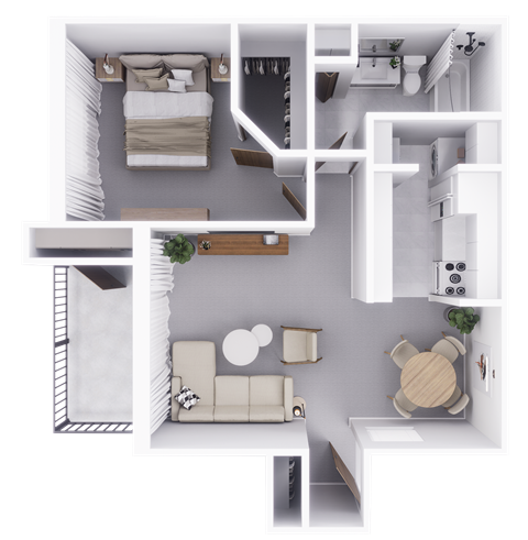 a stylized floor plan of a house with a bedroom and a living room